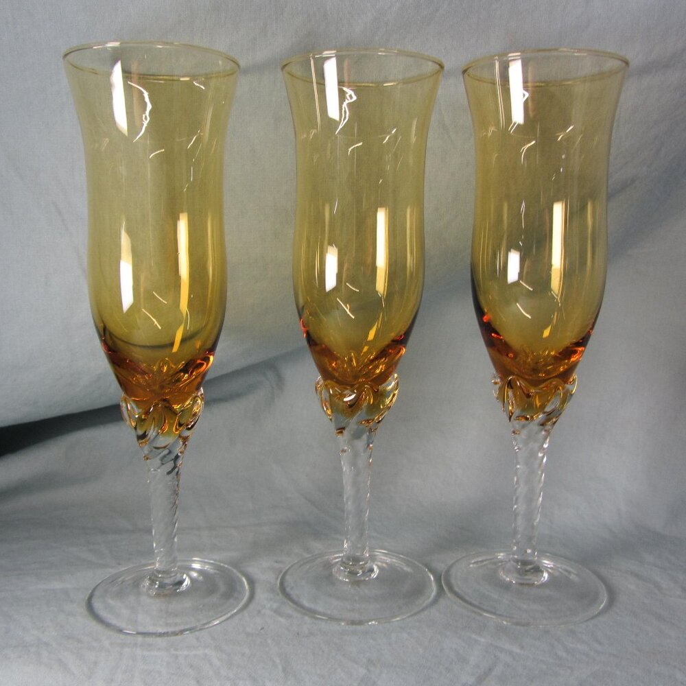 6 oz Empoli amber yellow glass THREE flutes vintage (w2404)